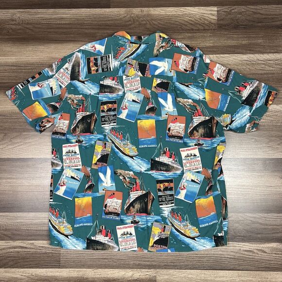 Vintage Paradise Found Hawaiian Vacation Steamboats Postcard Rayon Shirt Sz XL - Picture 2 of 7